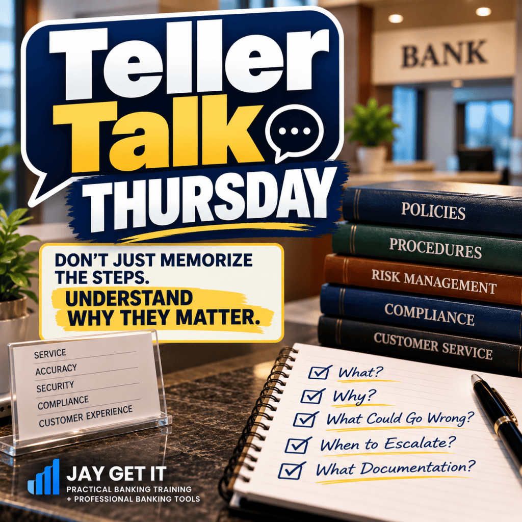Teller Talk Thursday banking training graphic about understanding why teller procedures matter.